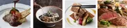【左から】牛フィレ肉のソテー、秋の味覚炊き込みご飯、杉香る黒豚肉の角煮、ローストビーフ