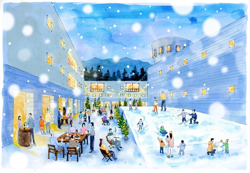 星野リゾート　リゾナーレ八ヶ岳（山梨県北杜市）
ヨーロッパの街並みの中でスノーデビュー
ホテルのメインストリートにミニゲレンデが誕生
営業期間：2018年12月28日～2019年3月10日