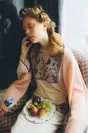 Chinoiserie Flower Design Knit Pullover & Knit Skirt , Mohair Super Long Muffler