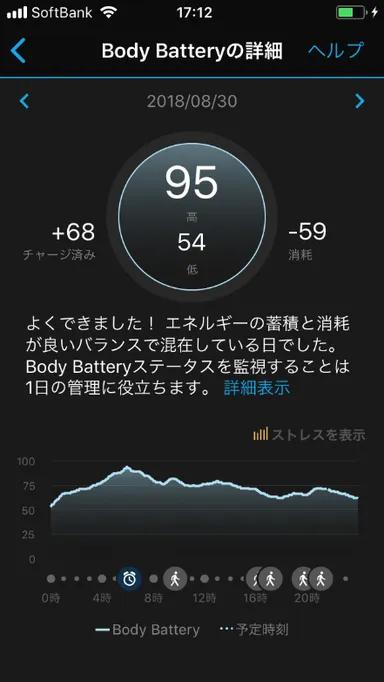 BODY BATTERY表示画面:通常時(睡眠や休息が十分で、健全に保てた状態)