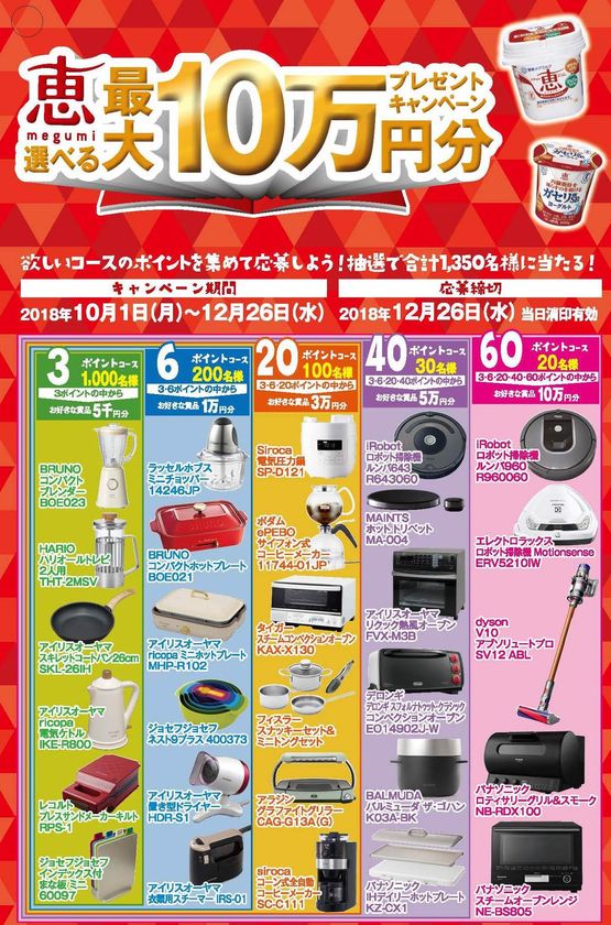 【雪印メグミルク】
『恵 megumi 選べる最大10万円分プレゼントキャンペーン
2018年10月1日（月）～12月26日（火）