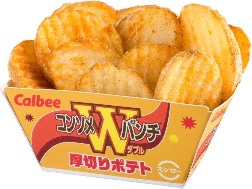 スシロー×カルビー　
約25万食売れた“ポテりこ”に続くコラボ企画第2弾！
外食業界初！「コンソメWパンチ」味の
厚切りポテトが食べられるのはスシローだけ！
『厚切りポテト コンソメWパンチ』300円（＋税）