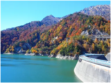 彩り鮮やかな紅葉の山肌に囲まれた黒部ダム湖畔
