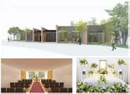 フューネラルホール『エテルノ阪急千里』（すべてイメージ写真です）（上段）会館の外観　（下段左）式場　（下段右）花祭壇