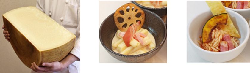 目の前で仕上げる「イルマーレ・シェフズキッチン」
20kgもある大きな塊！チーズの表面を削るように和えて仕上げるパスタ
2018年11月1日（木）より　呉阪急ホテル バイキング「イルマーレ」にて