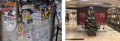 駅長室ガラス面への装飾（昨年作品）、駅構内の装飾