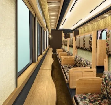 3号車と4号車には、西山の山並みを堪能できるよう、桜を描いた窓向き座席を設置（イメージは3号車）