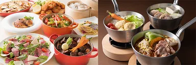 (左)和洋中の料理が揃、(右)選べるスープの“NABE料理”