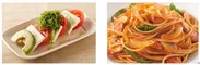 調理例：左)アボカドと豆腐のカプレーゼ、右)ナポリタン
