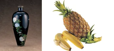 【七宝】並河靖之 《紫陽花図花瓶》 清水三年坂美術館蔵、【牙彫】安藤緑山《パイナップル、バナナ》清水三年坂美術館蔵