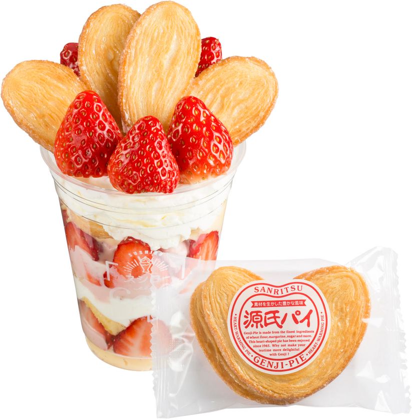 サクサク食感の定番おやつ「源氏パイ」と夢の共演
贅沢に旬の苺を10個盛りつけ、
まるでミルフィーユのような見た目・味わいが楽しめる
『苺すぎるミルフィーユパフェ』980円（＋税）