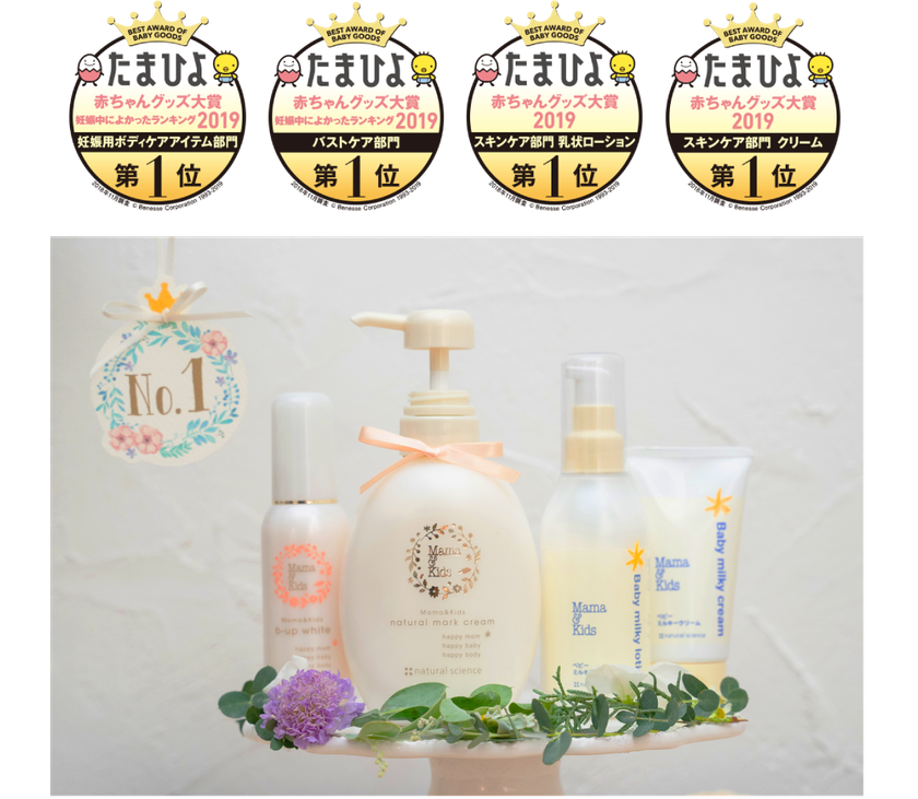 先輩ママ約2000人による
「使ってよかった」「買ってよかった」
たまひよ赤ちゃんグッズ大賞2019※1で
ママ＆キッズ製品が4部門で第1位に選ばれました！