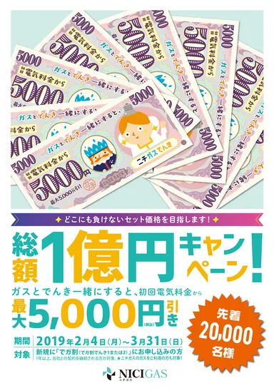 総額1億円キャンペーン！ガスと電気を一緒にすると、初回電気料金から最大5,000円引き