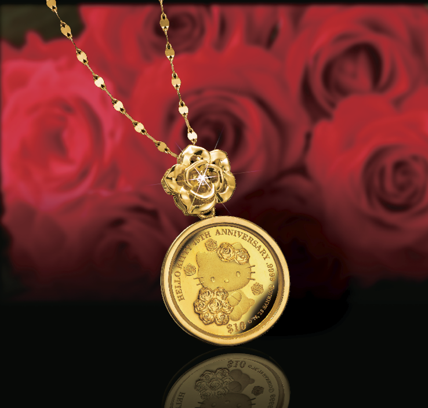 ハローキティ45周年を記念する貴重な本物の
金貨を使ったこの上なく贅沢な
“純金製”コインジュエリー発売開始!