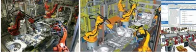 左：生産ラインを撮影した写真　右：デジタルツインによるシミュレーションのイメージ