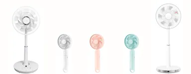 左：『DCリビング扇　YLX-QD3016』、真ん中3つ：『ハンディファン モバイルバッテリータイプYE-H50』、右：『DCハイリビング扇 YHVX-HGD30』