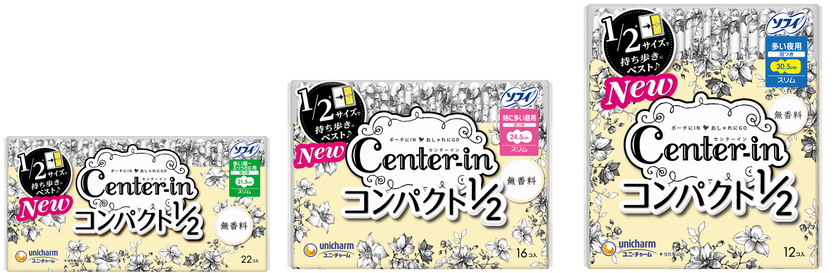 『センターインコンパクト1/2』シリーズが、
見た目も機能もパワーアップ!
“Wフィット構造”搭載で外出時のモレにくさを改善
2019年4月より全国で発売
