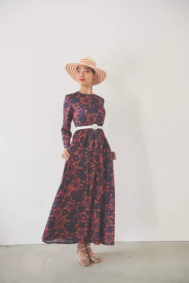 [橙紺色]サテンフラワープリントワンピース