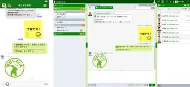 オリジナルスタンプ活用中のスマートフォン(左)およびPC(右)画面