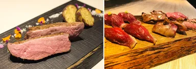 左：メインの炭火焼きは超厚切りのロース。圧巻！／右：超希少な鴨寿司