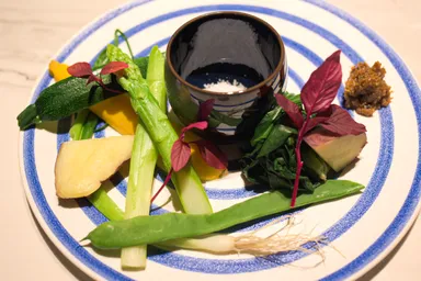 野菜のスチーム　鴨の肉味噌とイタリアの塩で