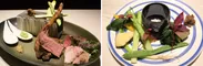 左：色々お肉4種盛り合わせ／右：野菜のスチーム　鴨の肉味噌とイタリアの塩で