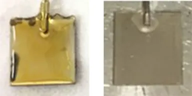 図2 (左)ペルフルオロポリフェニレンゲル(黄色)　(右)ペルフルオロポリフェニレン膜(透明)