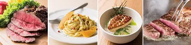 （左から）ローストビーフ（ランチ限定）、かぼちゃのクリームパスタ（ランチ限定）、フォアグラ丼 和風ソース（ディナー限定）、ビーフステーキ（ディナー限定）