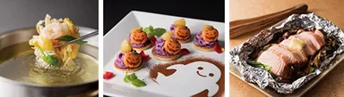 （左から）（9月）秋の食材を取り入れた揚げたてかき揚げ、（10月）焼きたてパンケーキと紫芋のムース ハロウィン仕立て、（11月）鮭のチャンチャン焼きいろいろ野菜のホイル包み