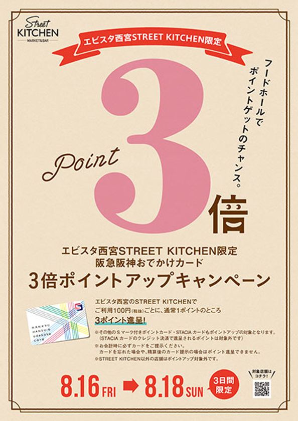 ★エビスタ西宮STREET KITCHEN限定★3日間限定の
「阪急阪神おでかけカード3倍ポイントアップキャンペーン」を実施！
いつもより3倍おトク！フードホールでポイントゲットのチャンス！