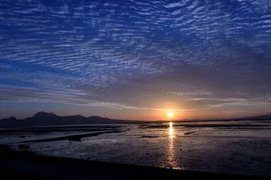 冬の荒尾干潟と夕陽