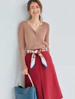 Vネックリブカーディガン／スカーフ付きスカート