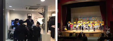 左から）車掌体験の様子、ダンス教室の様子