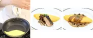 （左から）目の前で仕上げるふわとろオムレツ、＜9月＞秋鮭と茸ソテーのオムレツ、＜10月＞ポルチーニ茸のリゾットとオムレツ