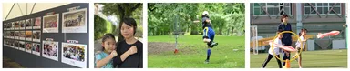 左から順に、外務省写真展、フェイスペイント・チャレンジ、フライングディスク・チャレンジ、「ミズノ　ヘキサスロン」にチャレンジ