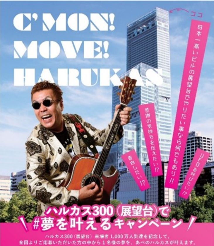 日本一高いビル「あべのハルカス」の
「ハルカス３００（展望台）」ご来場者
１，０００万人到達記念
「ハルカス３００（展望台）で夢を叶える
キャンペーン」を実施！
