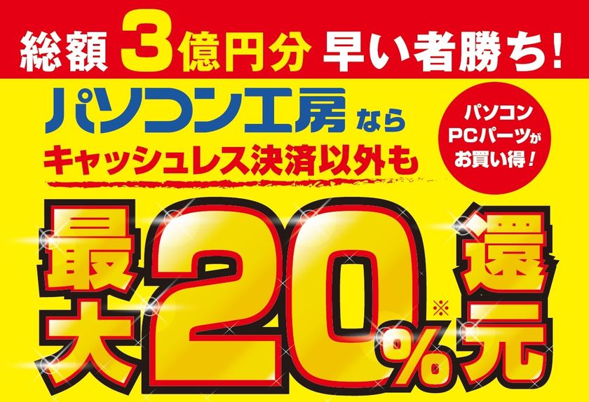パソコン工房10月19日(土)からの「大創業祭」で、
総額3億円分 早い者勝ち！
パソコン、PCパーツが最大20％還元になるキャンペーンを開始！