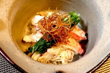 強肴　蟹と芹の蟹味噌和え 針生姜素揚げ