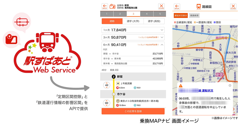 エムティーアイ「乗換MAPナビ」の新機能に
「駅すぱあと」のAPIから「定期区間控除」
「鉄道運行情報の影響区間」採用！