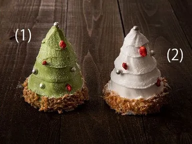 (1)「グリーンツリー（抹茶）」  (2)「ホワイトツリー（マスカルポーネ）」