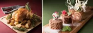 「ローストチキン ローズマリーのポテト添え」（画像左）、「チョコレートロールケーキ」（画像右）