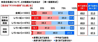 自分は“デジタル依存”だと感じるか（スマホ複数台所持、SNS利用軸）