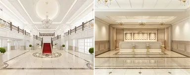 (左)ホテルメインロビー、(右)フロントカウンター