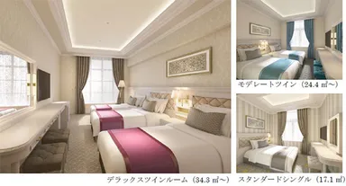 (左)デラックスツインルーム（34.3平方メートル～）、(右上)モデレートツイン（24.4平方メートル～）、(右下)スタンダードシングル（17.1平方メートル）