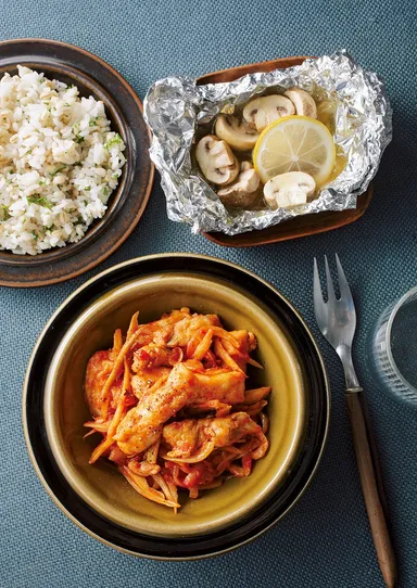 鶏肉とごぼうのトマト煮献立