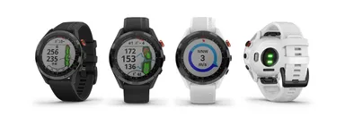 Approach S62 Black／white (左からハザードビュー、バーチャルキャディ、風速と風向き、光学心拍計の各機能画面)