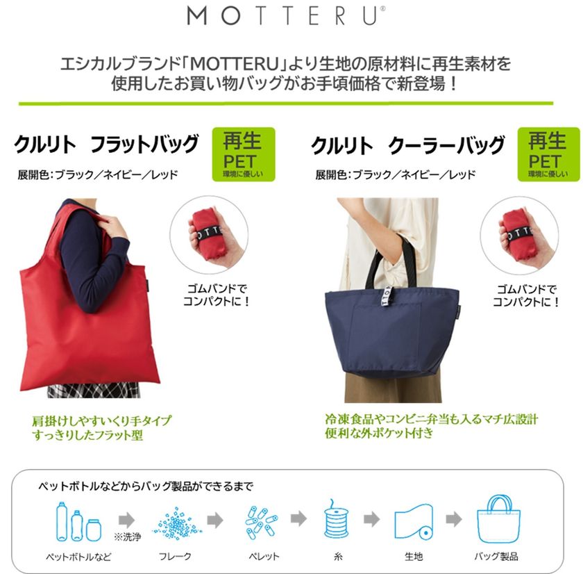 エシカル雑貨ブランド「ＭＯＴＴＥＲＵ」より環境に配慮したバッグシリーズが新登場！
再生素材の生地を使用したエコバッグがお求めやすい価格で販売開始！
