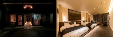 Hotel zizi Kyotoのエントランス(左)と広さが自慢の和モダンなお部屋