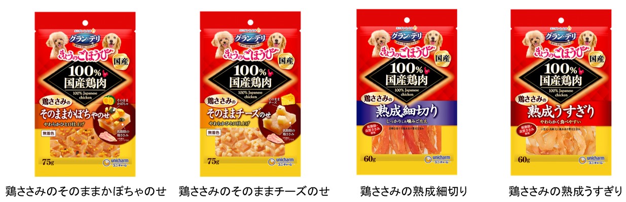 100％国産鶏肉を使用した生地に素材をトッピングした犬用おやつ『グラン・デリきょうのごほうび』 鶏ささみのそのままかぼちゃのせ・そのままチーズのせ2020年9月14日  全国にて新発売｜ユニ・チャーム株式会社のプレスリリース