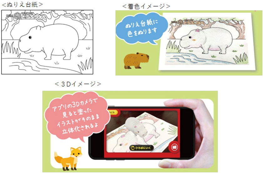 “動物園の人気者が3Dアプリで飛び出す！”
【とびだすぬりえ】＆【とびだす☆おえかき】に旭山動物園のカバが登場！
園内でぬりえ台紙を無料配布